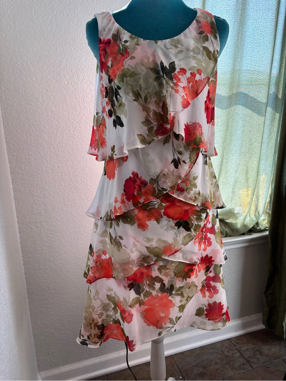 S.L. Fashions White Tiered Floral Midi Dress with Coral & Olive